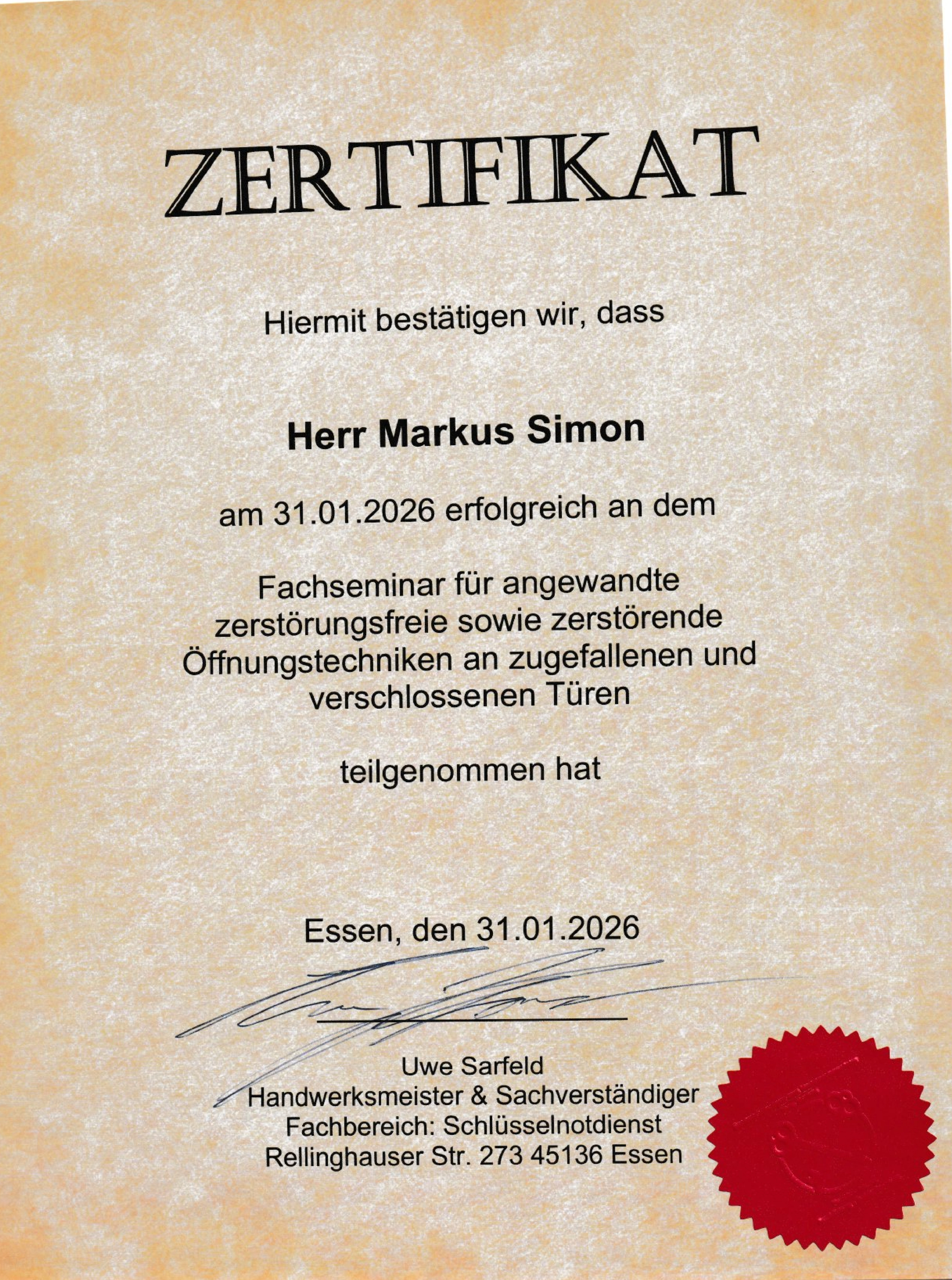 Zertifikat Schlüsselnotdienst – Wupperservice Jasmin Simon